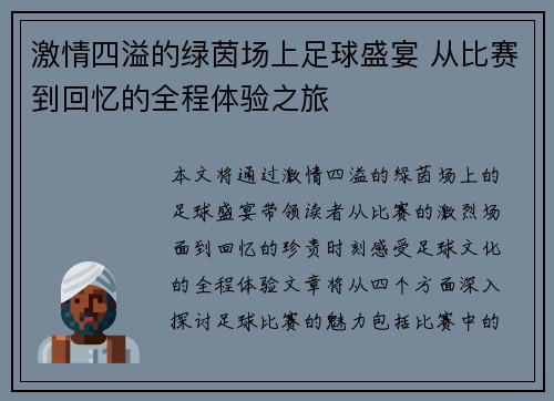 激情四溢的绿茵场上足球盛宴 从比赛到回忆的全程体验之旅